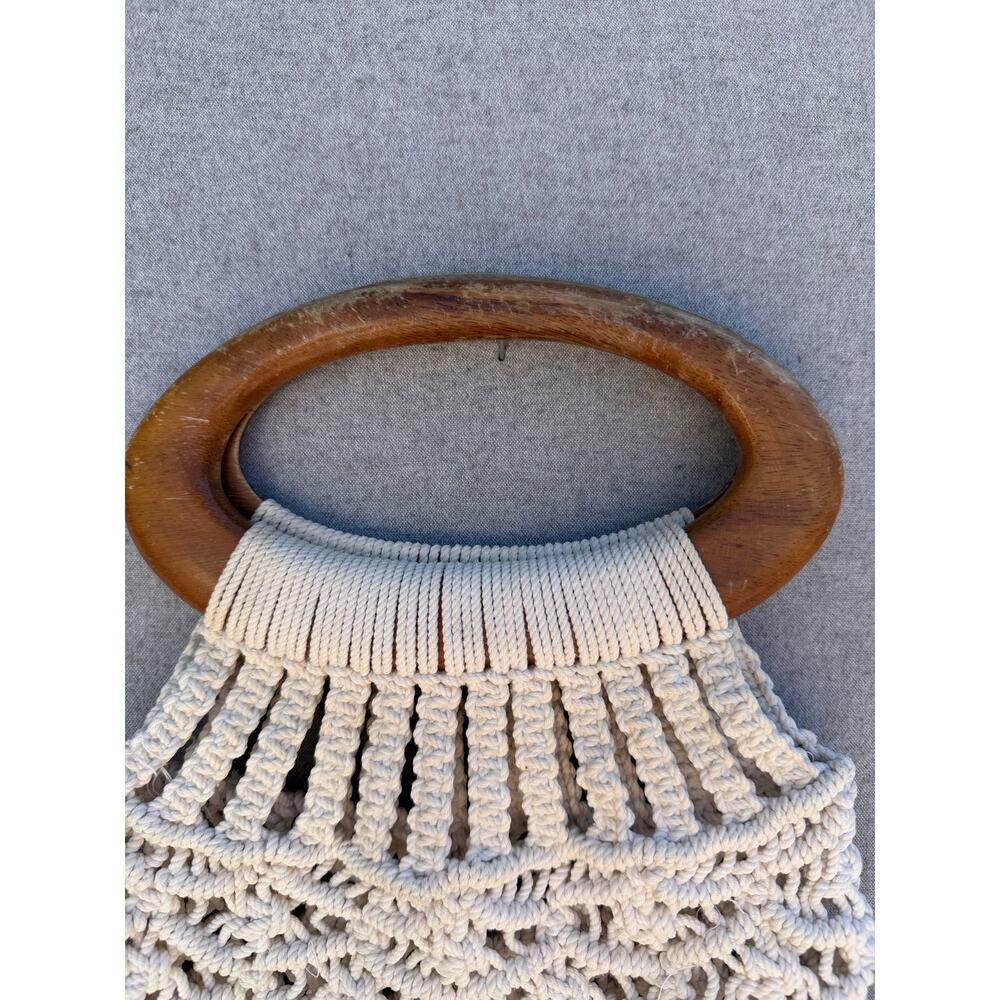 Vintage Macramé Handbag Wooden Handle Boho Ivory Rope Purse Unbranded - Picture 4 of 10